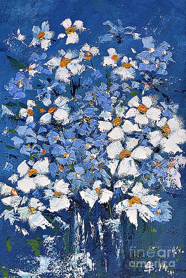Spring flowers in white and blue Painting by Amalia Suruceanu