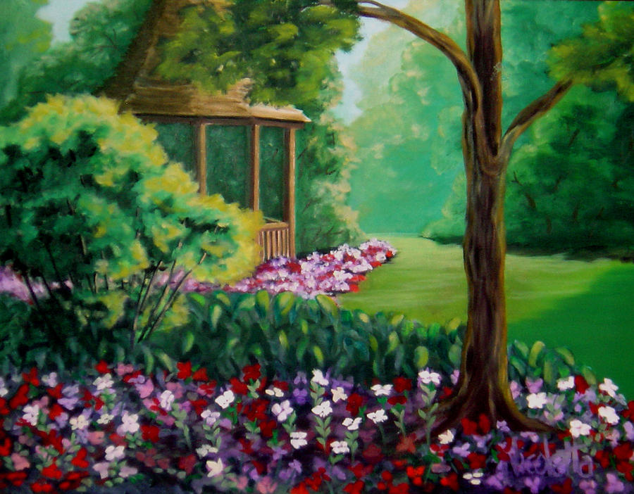 Garden Scene Painting - Spring garden with gazebo by Nicoletta Filarski