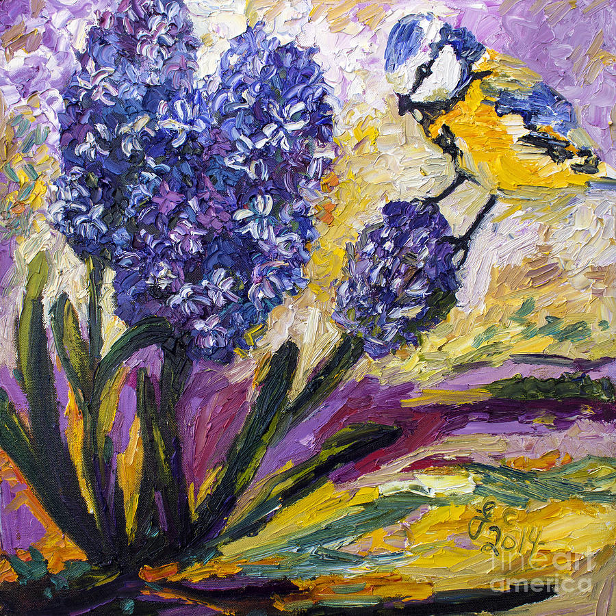 Impressionism Painting - Spring Hyacinth and Titmouse Songbird by Ginette Callaway
