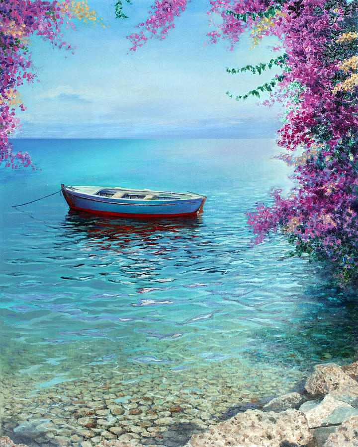 summer days, Oil Painting, Handmade, Seascape, Boat Painting, Colorful painting, by Miki Karni Painting by Miki Karni