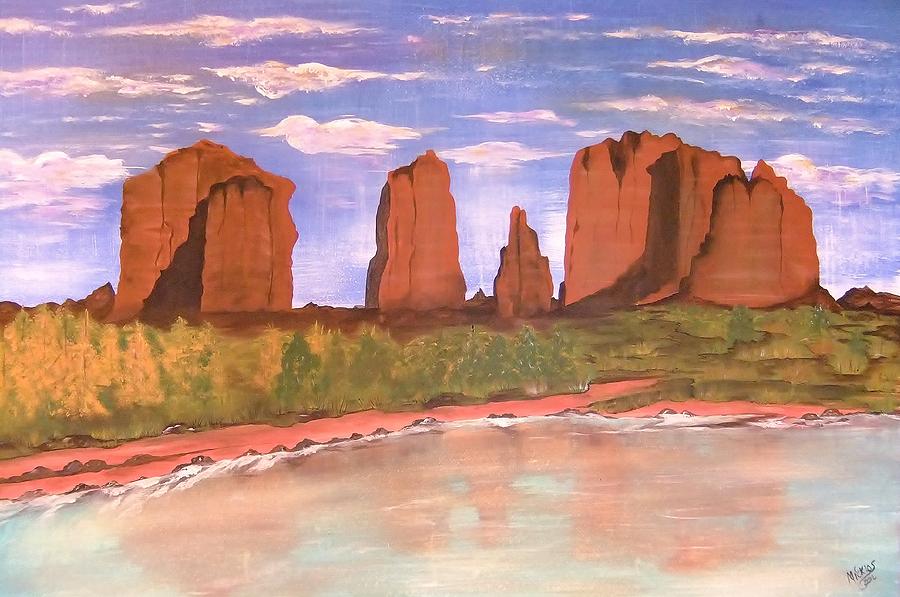 Spring Mist at Cathedral Rock Oak Creek Sedona Painting by Cindy Micklos