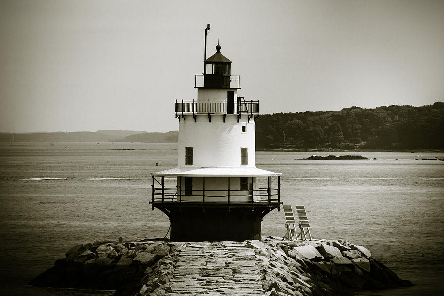 Black And White Photograph - Spring Point Ledge Lighthouse  2 by Sherry Boylan