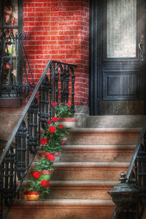 Spring - Porch - Hoboken NJ - Geraniums on stairs Photograph by Mike Savad