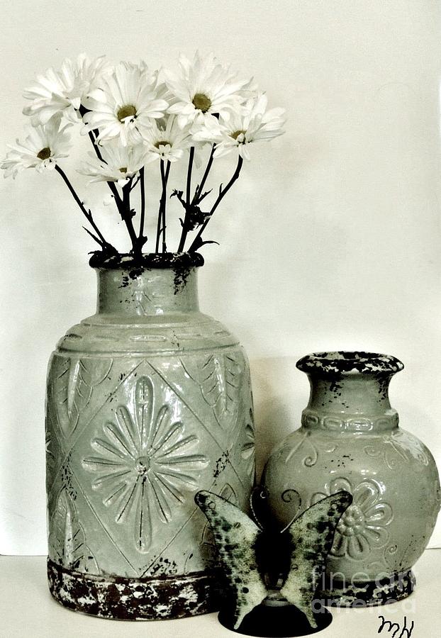 Spring Vases in Muted Green and Daisies Photograph by Marsha Heiken
