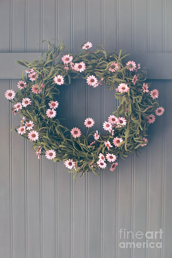 Spring Photograph - Spring wreath with flowers hanging on hook by Sandra Cunningham