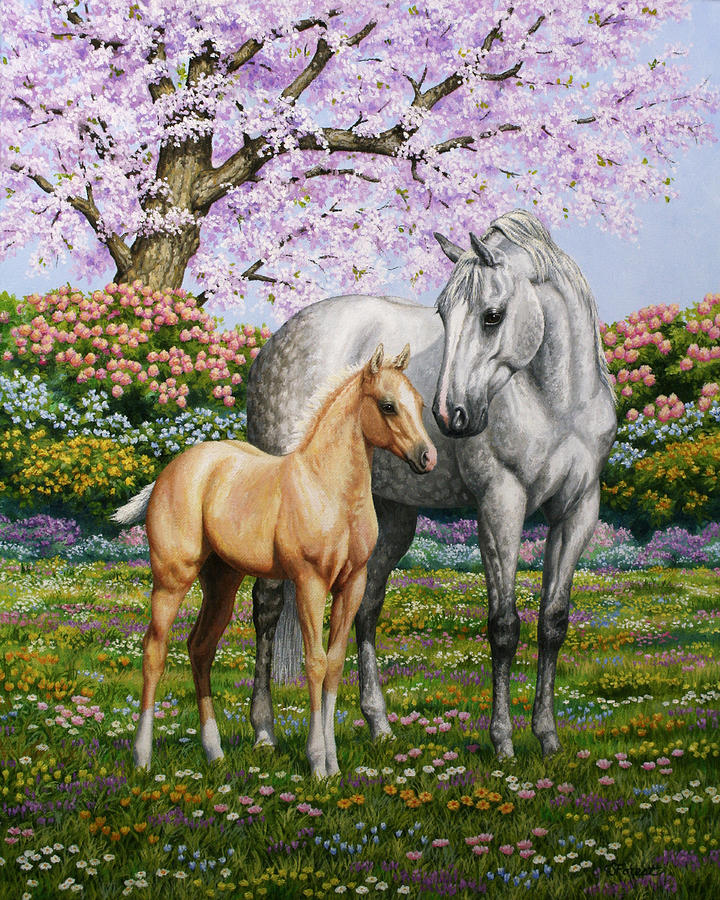 Horse Painting - Springs Gift - Mare and Foal by Crista Forest