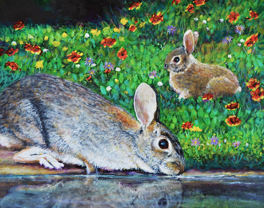 Springtime Cottontail rabbits Painting by Charles Wallis