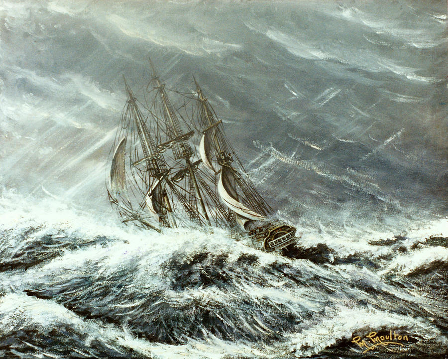 Square rigged sailing ship in a storm Painting by Mackenzie Moulton