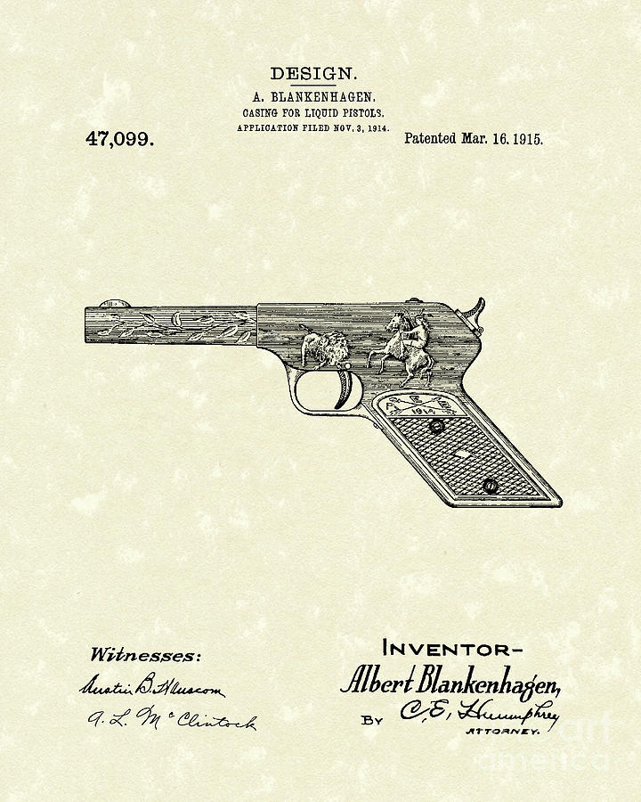 Squirt Gun 1915 Patent Art Drawing by Prior Art Design