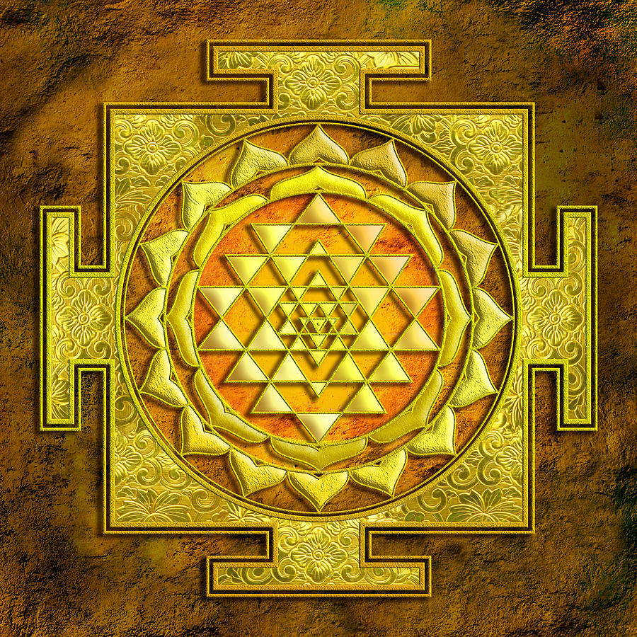 Mandala Mixed Media - Sri Yantra Gold stone by Lila Shravani