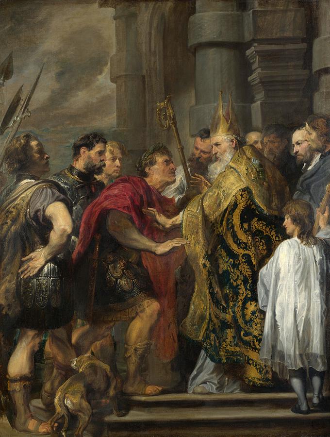 St. Ambrose barring Theodosius from Milan Cathedral Painting by Anthony van Dyck