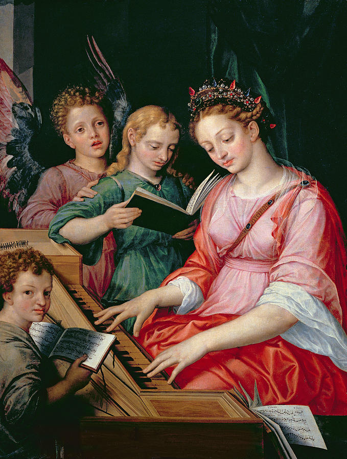 Saint Cecilia Accompanied By Three Angels Painting by Michiel I Coxie or Coxcie