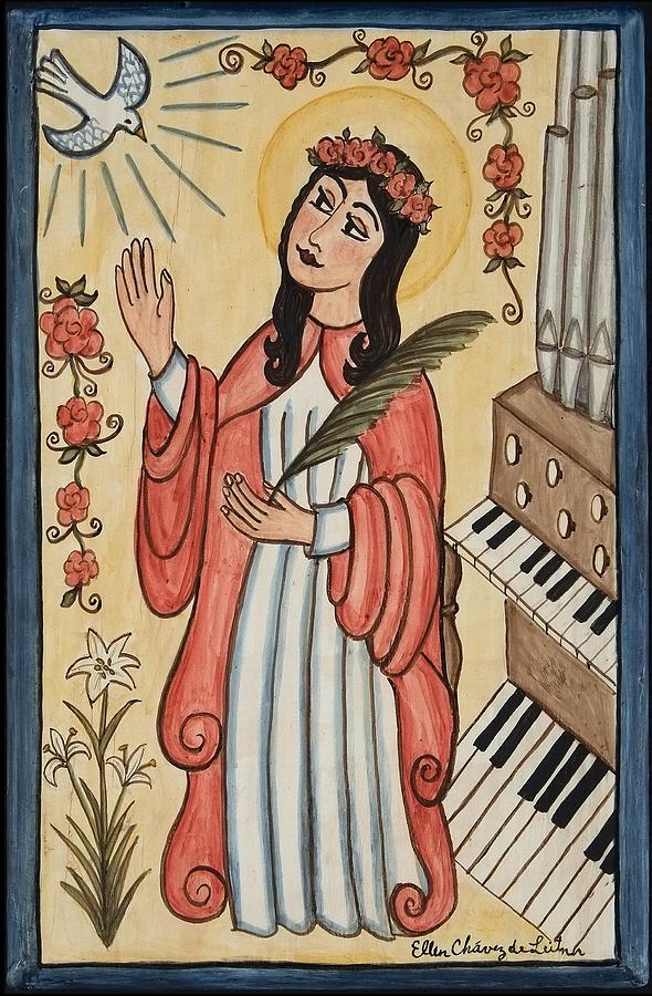 Music Painting - St. Cecilia with organ and dove by Ellen Chavez de Leitner