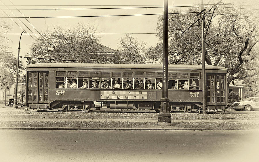 New Orleans Photograph - St. Charles Ave. Streetcar sepia by Steve Harrington