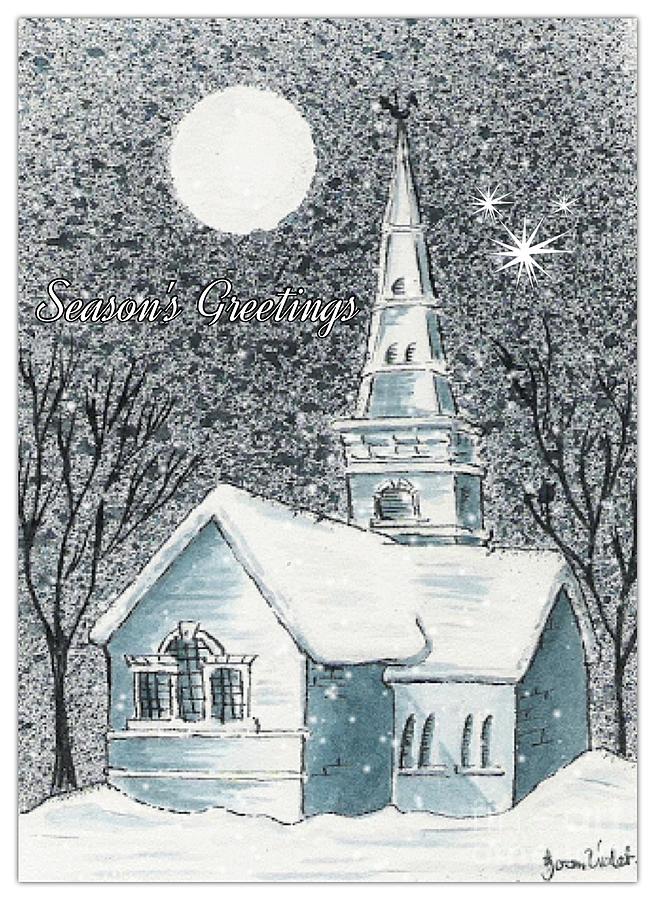 St Cuthberts in the Snow Greeting Painting by Joan-Violet Stretch