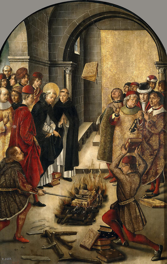 Pedro Berruguete Painting - St. Dominic burns books of heretics by Pedro Berruguete