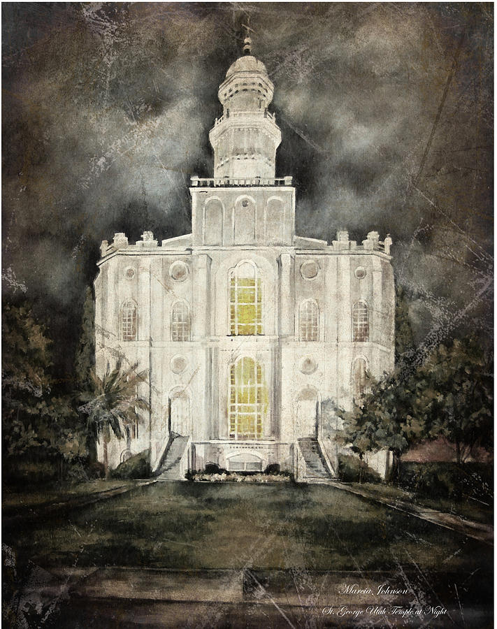 St. George Utah Temple at Night Painting by Marcia Johnson