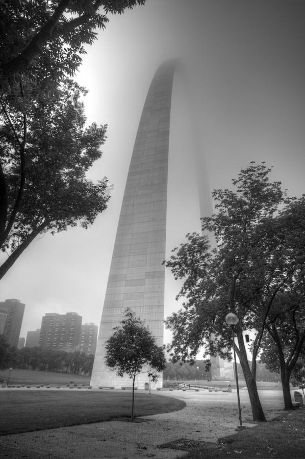 Summer Photograph - St Louis Arch in the Fog Black and White by Jon Dickson