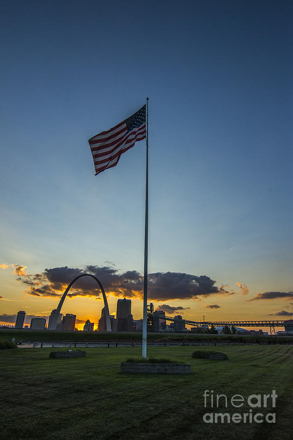 St. Louis Skyline American Flag Sunset Photograph by David Haskett II