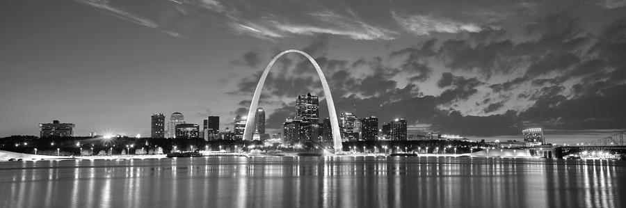 St. Louis Skyline at Dusk Gateway Arch Black and White BW Panorama Missouri Photograph by Jon Holiday