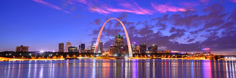 St. Louis Skyline at Dusk Gateway Arch Color Panorama Missouri Photograph by Jon Holiday