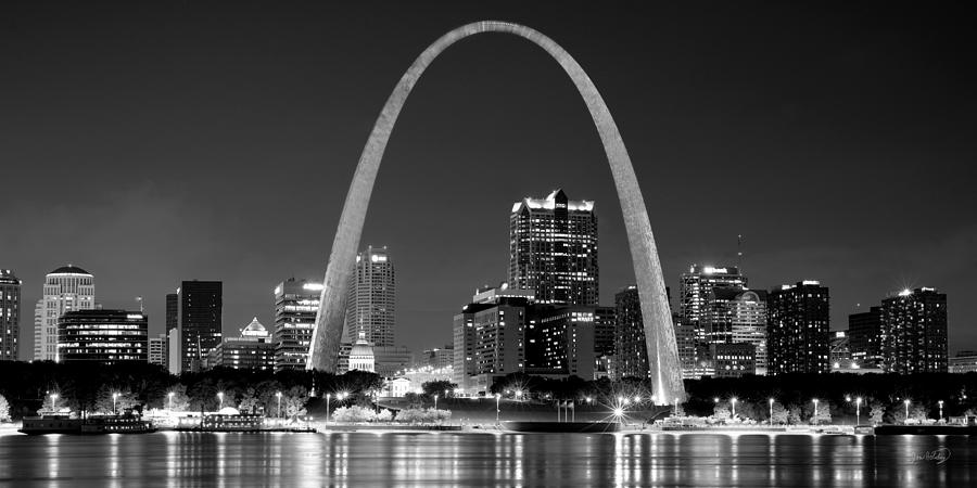 St. Louis Skyline at Night Gateway Arch Black and White BW Panorama Missouri Photograph by Jon Holiday