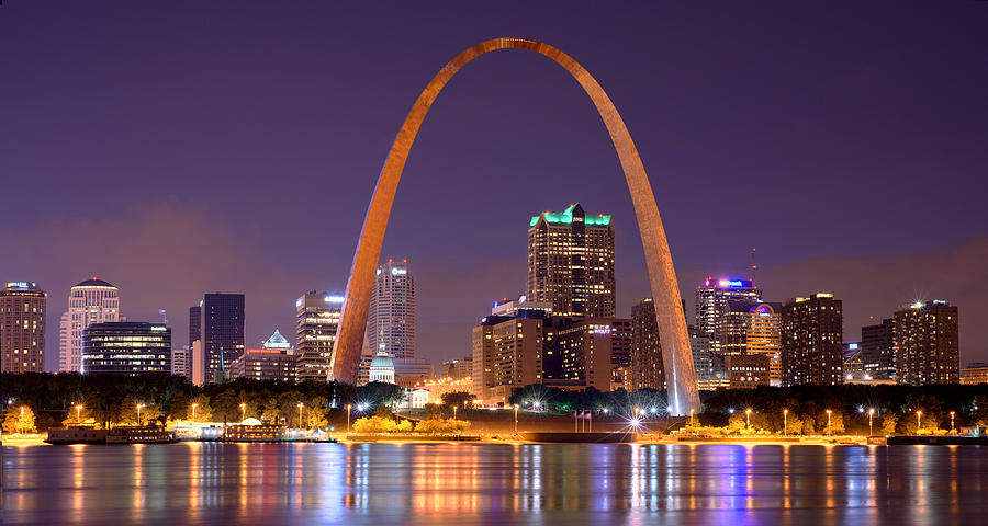 St. Louis Skyline at Night Gateway Arch Color Panorama Missouri Photograph by Jon Holiday