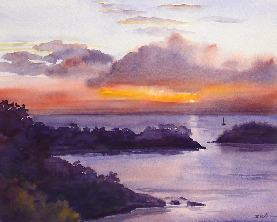 St. Lucia Caribbean Sunset Seascape Painting by Janet Zeh