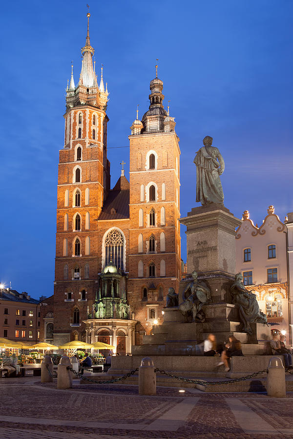St Mary Basilica and Adam Mickiewicz Monument at Night in Krakow Photograph by Artur Bogacki
