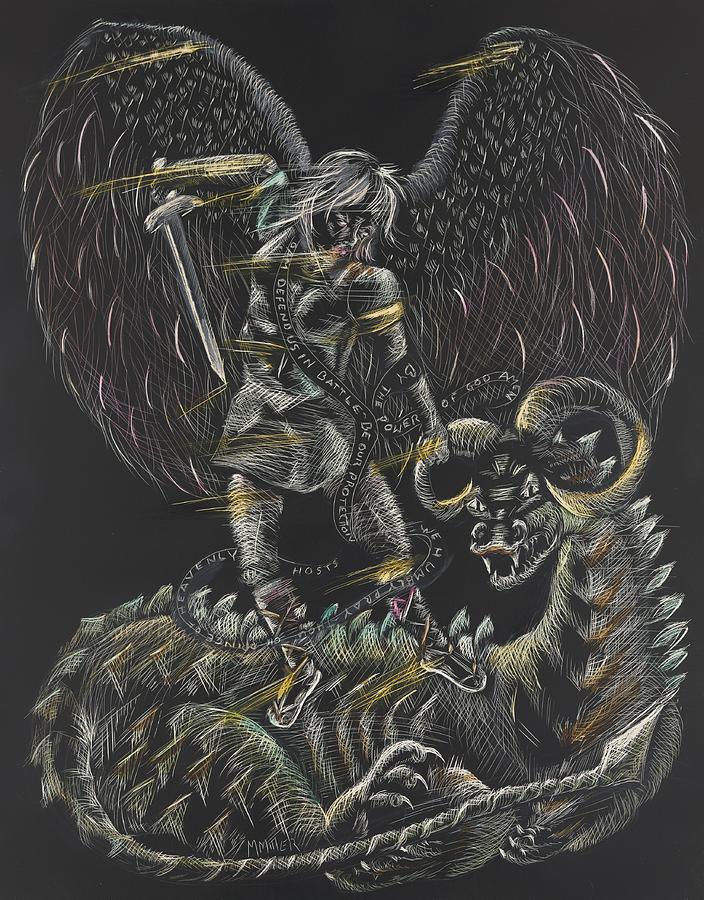 Dragon Drawing - St. Michael the Archangel by Michelle Miller