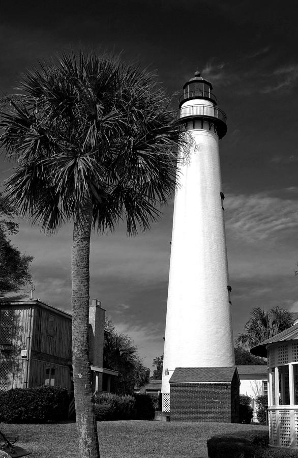 St. Simons Island Georgia Lighthouse in Black and White Photograph by Greg and Chrystal Mimbs