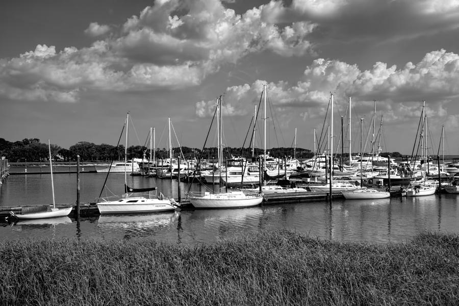 St. Simons Island Georgia Sailboats in Black and White Photograph by Kathy Clark