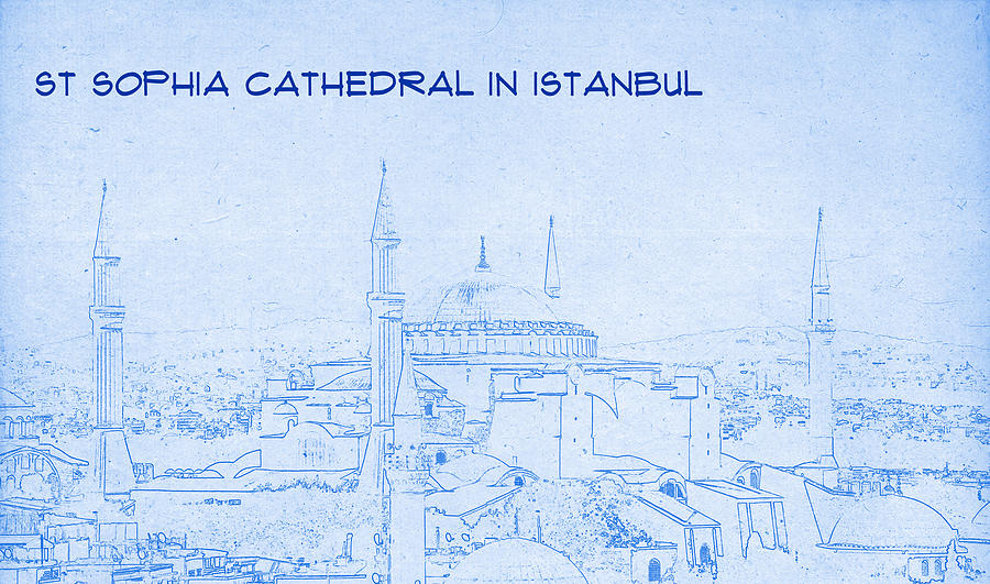 St Sophia Cathedral in Istanbul - BluePrint Drawing Digital Art by MotionAge Designs