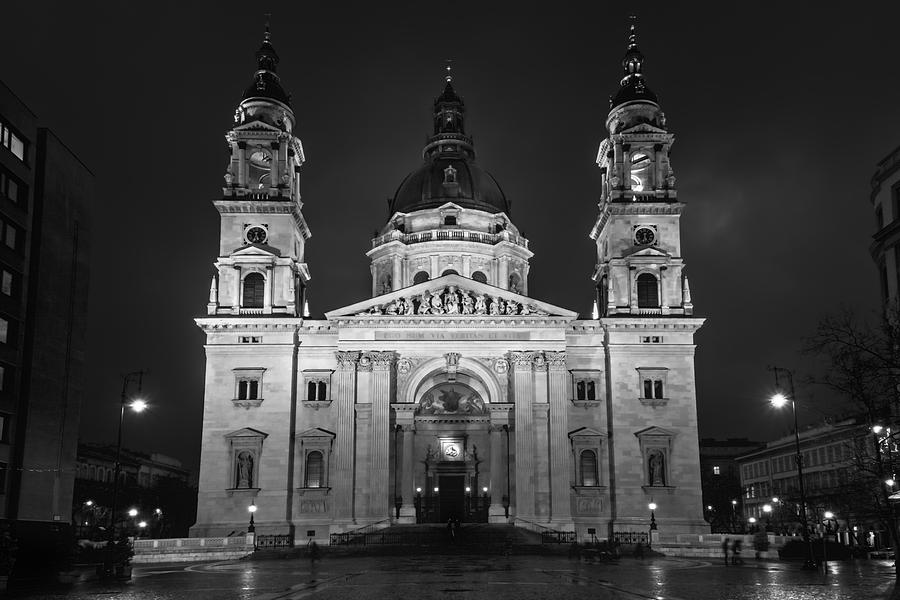 Clock Photograph - St Stephens Basilica Budapest Night BW by Joan Carroll