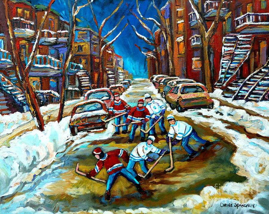 St Urbain Street Boys Playing Hockey Painting by Carole Spandau
