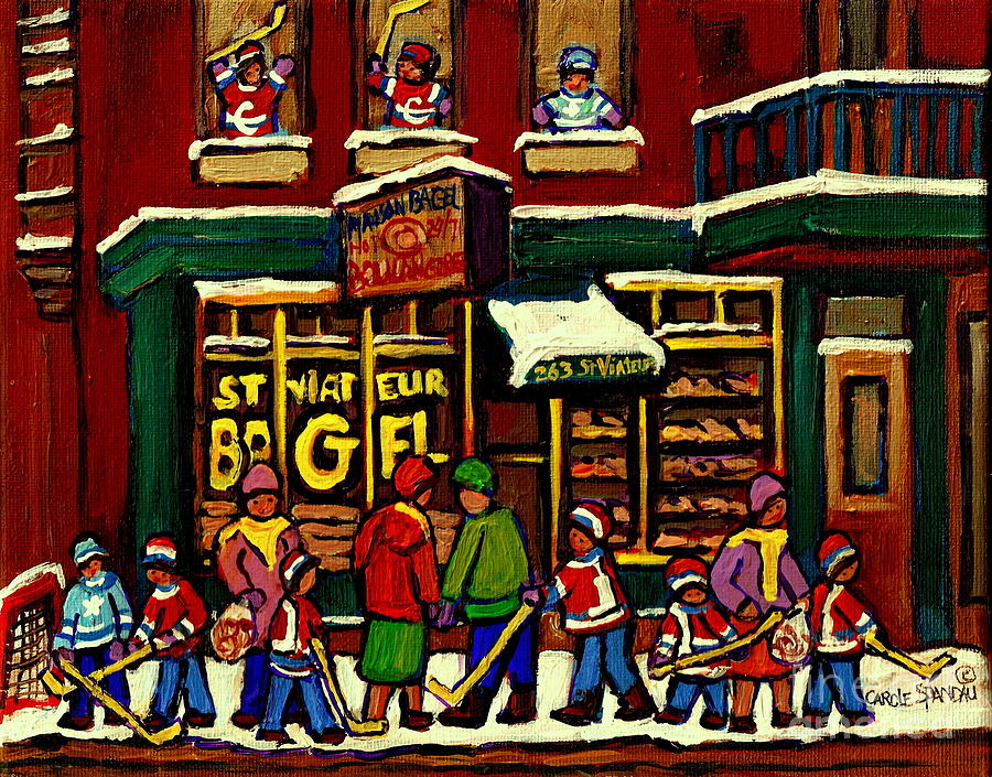 Hockey Painting - St Viateur Bagel Shop Deli Corner Depanneur Montreal Landmarks Hockey Art Paintings Carole Spandau by Carole Spandau
