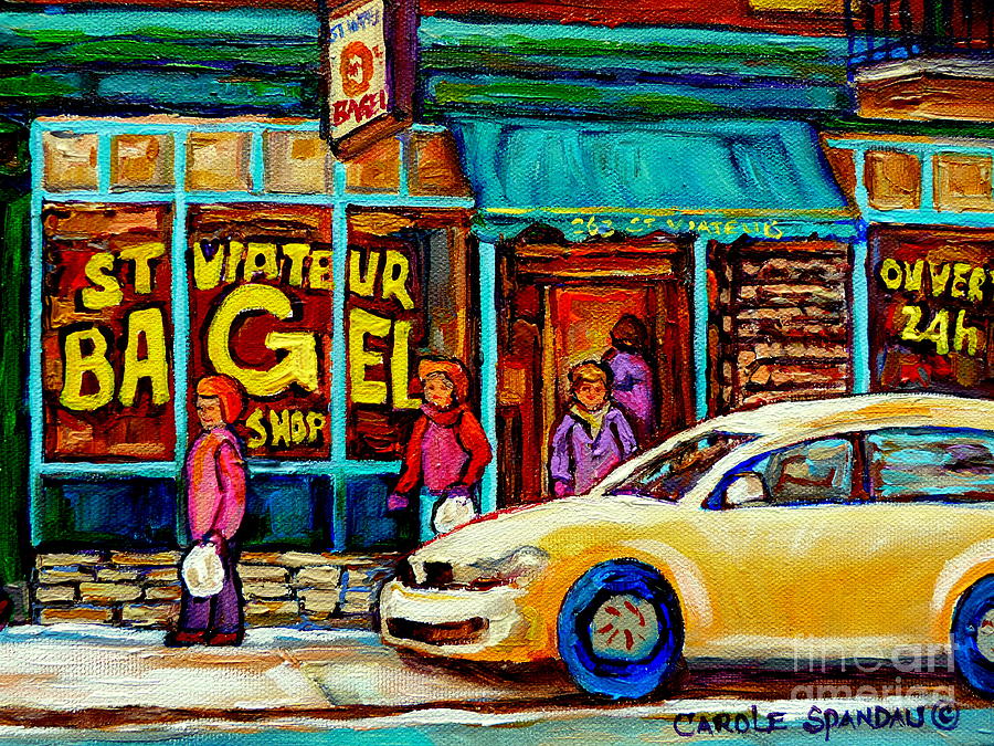St. Viateur Famous Bagel Shop In Winter Montreal Street Scene Painting By Carole Spandau Painting by Carole Spandau