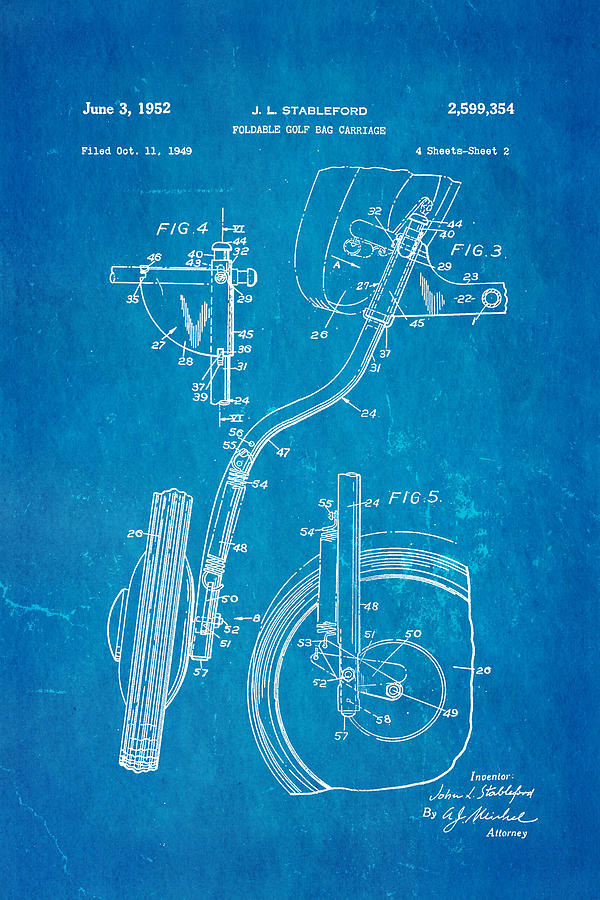 Golf Photograph - Stableford Golf Trolley 2 Patent Art 1952 Blueprint by Ian Monk