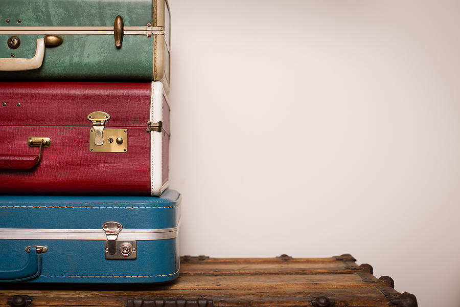 Stack of Retro Suitcases, Sitting on Wood, With Copy Space Photograph by Ideabug