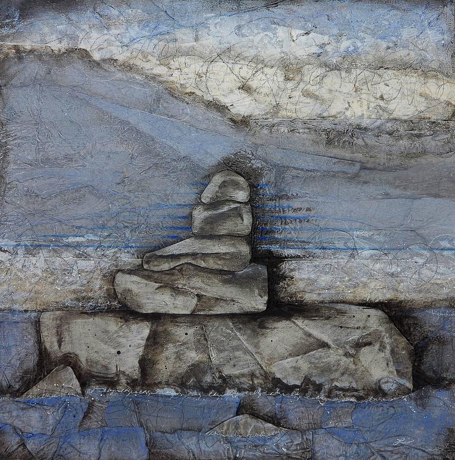 Gray Paper Mixed Media - Stacking Rock BlueI by Laura  Lein-Svencner