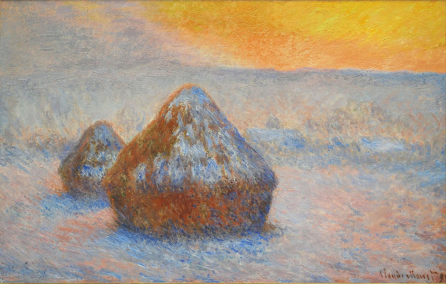 Stacks of Wheat. Sunset. Snow Effect Painting by Claude Monet