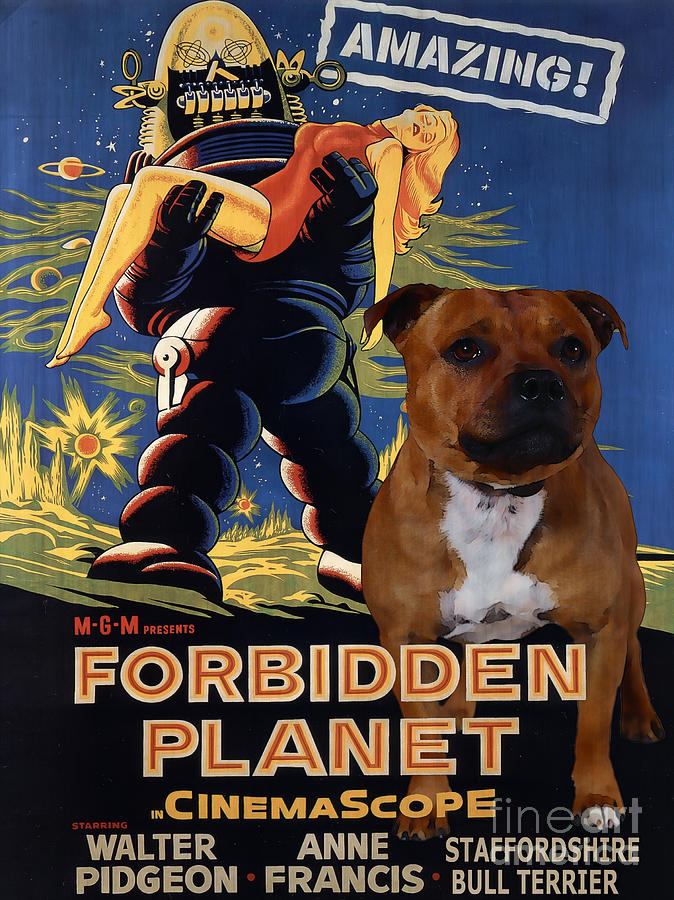 Dog Painting - Staffordshire Bull Terrier Art Canvas Print - Forbidden Planet Movie Poster by Sandra Sij