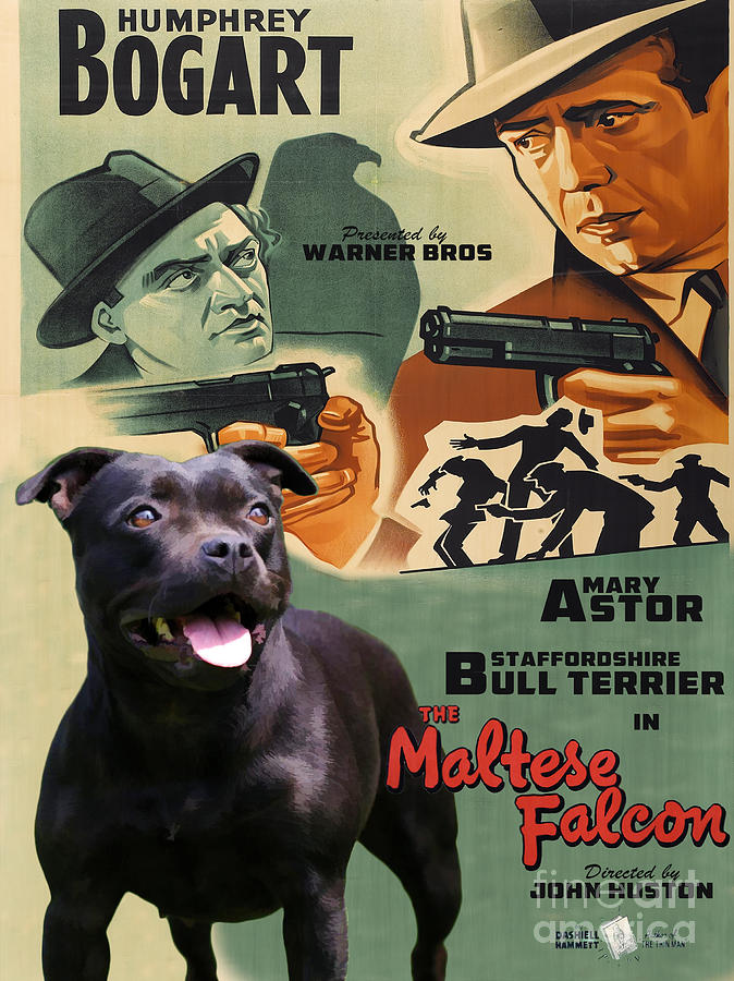 Dog Painting - Staffordshire Bull Terrier Art Canvas Print - The Maltese Falcon Movie Poster by Sandra Sij