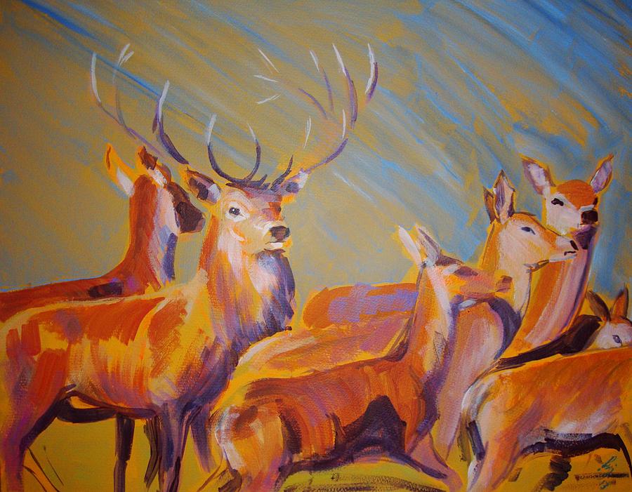 Stag and Deer Painting Painting by Mike Jory