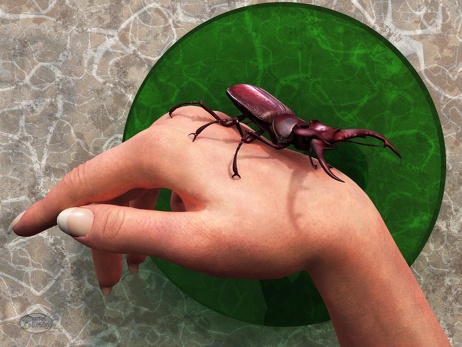 Stag Beetle On Hand Digital Art by Daniel Eskridge