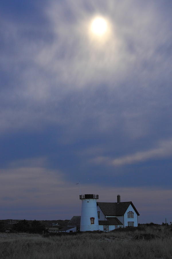 Stage Harbor Lighthouse and Hazy Full Moon Cape Cod Photograph by John Burk