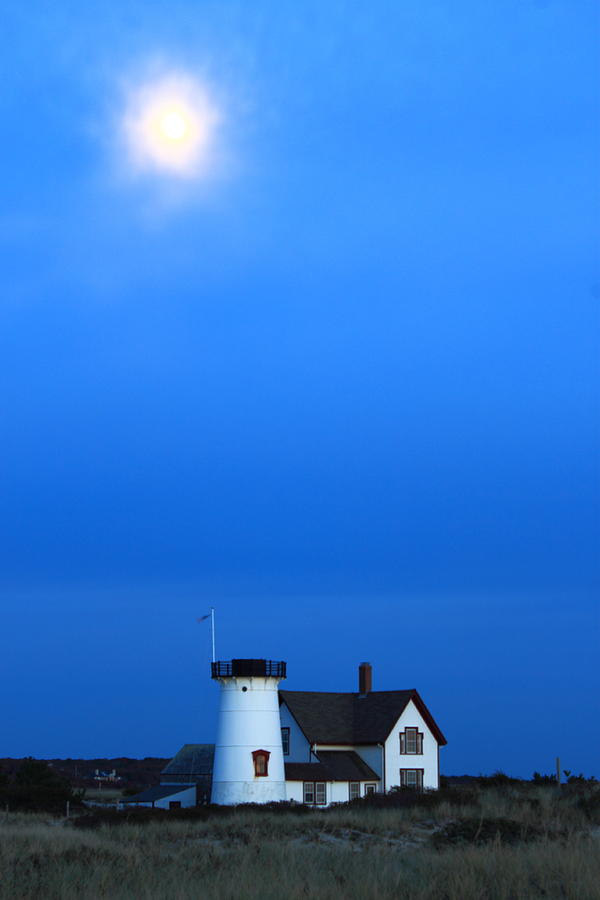 Stage Harbor Lighthouse and Hazy Moon Twilight Photograph by John Burk