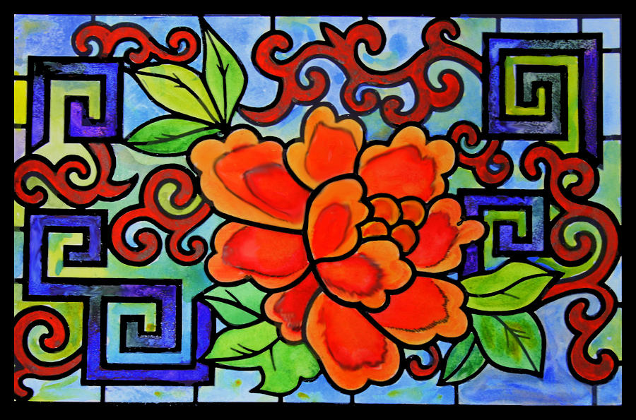 Stained Glass Asian Floral Painting by Donna Walsh
