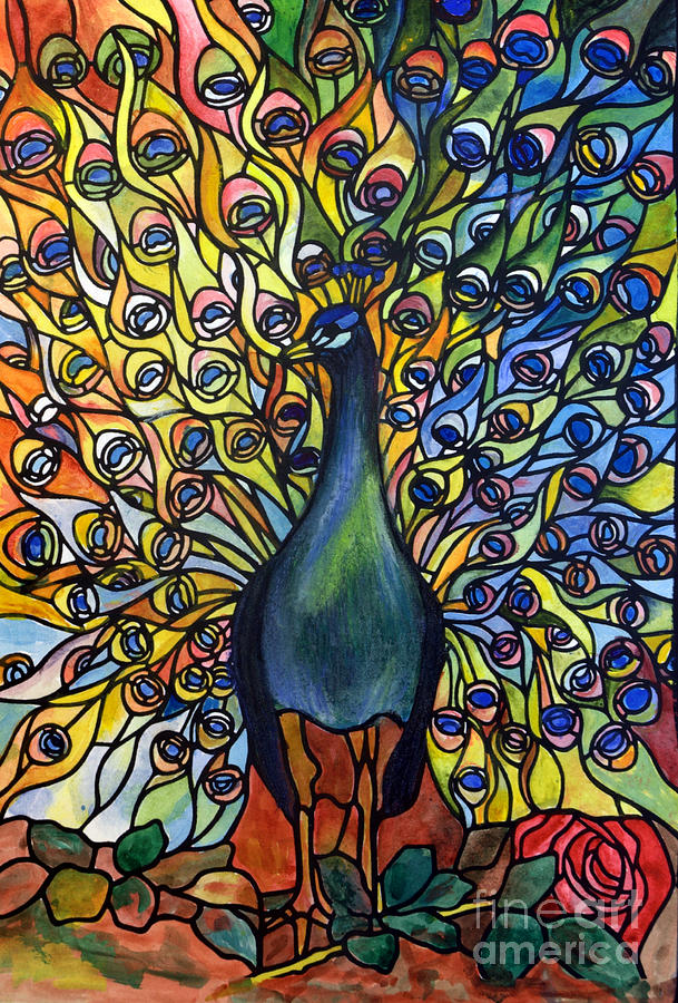 Feather Painting - Stained Glass Tiffany of Peacock by Donna Walsh
