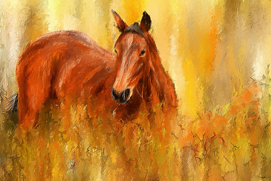 Stallion in Autumn - Bay Horse Paintings Painting by Lourry Legarde